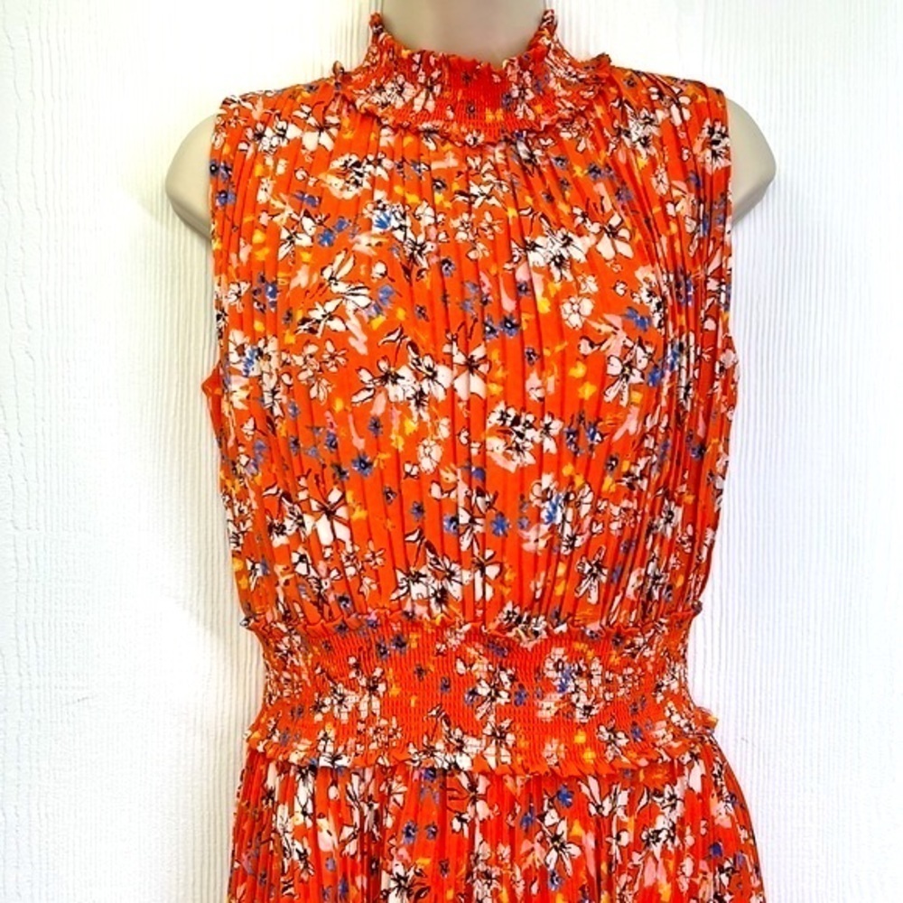 Nanette Lepore - Orange Multi Floral Pleated Sleeveless Midi Dress Size 8 - Picture 3 of 12